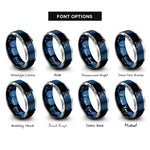 font options for inside engraving on blue & silver crossed surfboards wave rings