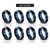font options for inside engraving on blue & silver crossed surfboards wave rings