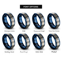 font options for inside engraving on blue & gray crossed surfboards wave rings