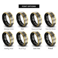 font options for inside engraving on black & gold & grey crossed trombones rings