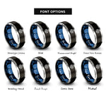 font options for inside engraving on black & blue & gray crosshair circle rings