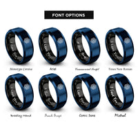 font options for inside engraving on black & blue cube grid rings