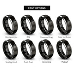 font options for inside engraving on black & grey cupid silhouette heart arrow rings