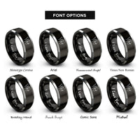 font options for inside engraving on black & grey cupid silhouette heart arrow rings