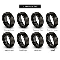 font options for inside engraving on black cupid silhouette heart arrow rings