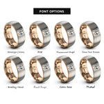 font options for inside engraving on rose gold & grey cupid silhouette heart arrow rings