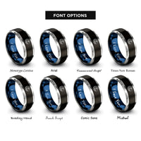 font options for inside engraving on black & blue & grey curling wave circle rings