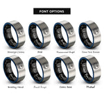 font options for inside engraving on black & blue & gray curling wave circle rings