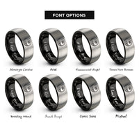 font options for inside engraving on black & silver curling wave circle rings