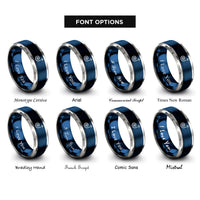 font options for inside engraving on blue & silver curly arrow rings