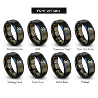 font options for inside engraving on gunmetal & blue curly arrow rings