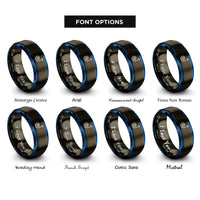 font options for inside engraving on gunmetal & blue curly arrow rings
