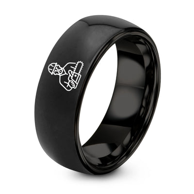 Logger Chainsaw – Tungsten Wedding Band, 8 mm, Black Comfort-Fit Men