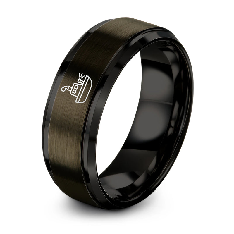 Fire Boat – Tungsten Wedding Band, 8 mm, Gunmetal, Black Comfort-Fit Unisex