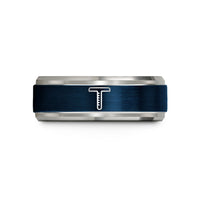 personalized presents for her – blue & grey tungsten t square wedding band