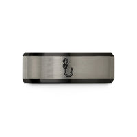 engraved rings for men – black & blue & silver tungsten barbless hook knot wedding band