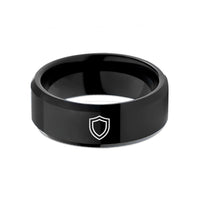 best presents for anglers – black tungsten shield crest wedding band