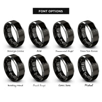 font options for inside engraving on black & silver dashed trail line rings