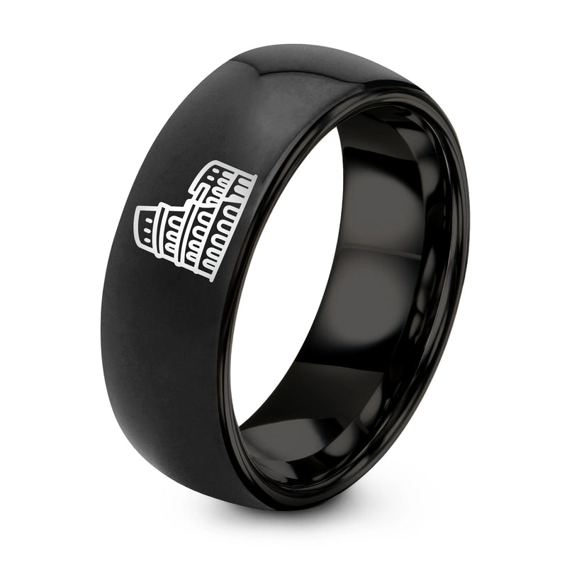 Colosseum Stamp – Tungsten Wedding Band, 8 mm, Black Comfort-Fit Unisex