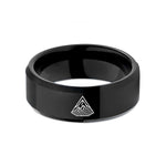 engraved rings for men – black tungsten mountain silhouette contours wedding band