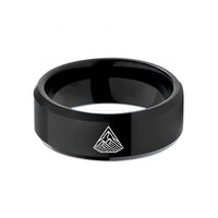 engraved rings for men – black tungsten mountain silhouette contours wedding band