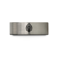 engraved jewelry for women – gold & gray tungsten peacock feather wedding band