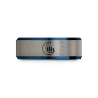 unique presents for her – black & blue & grey tungsten treeline band wedding band