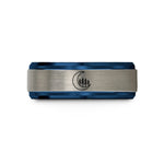 special present ideas women – blue & gray tungsten treeline band wedding band
