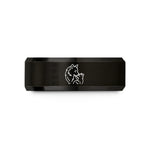 engraved rings for him – black tungsten wolf pup nuzzle wedding band