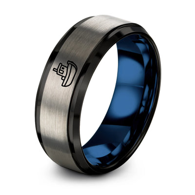 Tugboat – Tungsten Wedding Band, 8 mm, Silver, Blue Comfort-Fit Unisex