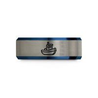 mom in family presents ideas – black & blue & silver tungsten tugboat wedding band