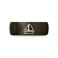 unique sister presents art – gunmetal & blue tungsten sailboat icon wedding band
