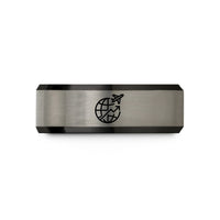 mom rings with engraving – black & gray tungsten flight path over globe wedding band