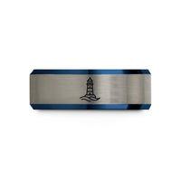 unique presents for her – black & blue & gray tungsten chania lighthouse wave wedding band