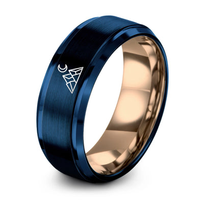 Mountain Moon – Tungsten Wedding Band, 8 mm, Blue, Rose Gold Comfort-Fit Unisex