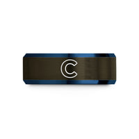 engraved rings for couples – gunmetal & blue tungsten carbon c wedding band