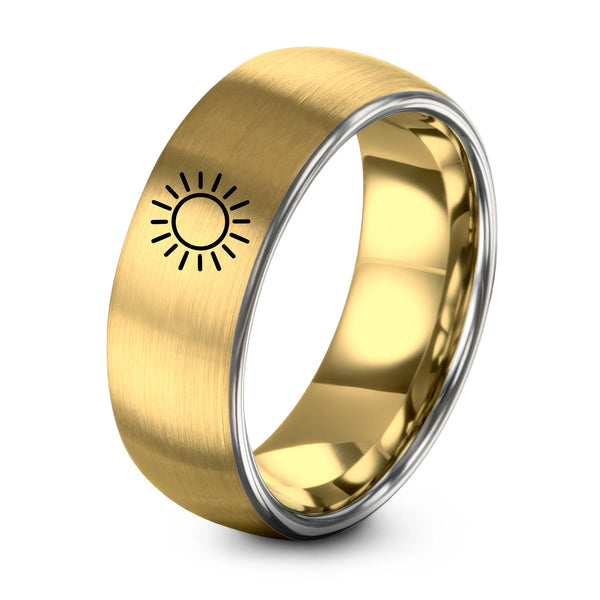 Sun Solar Glyph – Tungsten Wedding Band, 8 mm, Gold, Gray Comfort-Fit Unisex