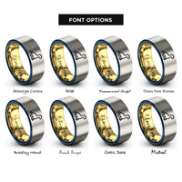 font options for inside engraving on gold & blue & silver dinosaur cookie cutter rings