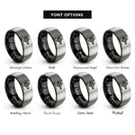 font options for inside engraving on black & gray distance arrow rings