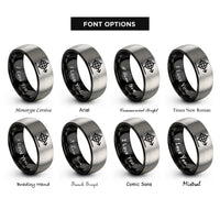 font options for inside engraving on black & gray distance arrow rings