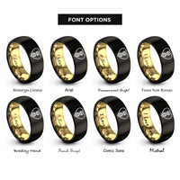 font options for inside engraving on black & gold dna strand heart rings