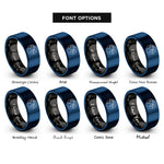 font options for inside engraving on black & blue dotted world map rings