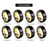font options for inside engraving on black & gold double heart rings