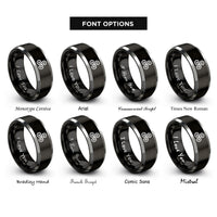 font options for inside engraving on black & silver double triskelion rings