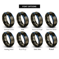 font options for inside engraving on gunmetal & blue dual screen handheld rings