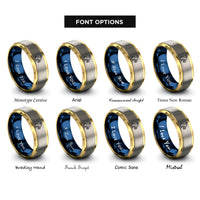 font options for inside engraving on gold & blue & grey egg hunt silhouette rings