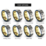 font options for inside engraving on gold & blue & grey egg hunt silhouette rings