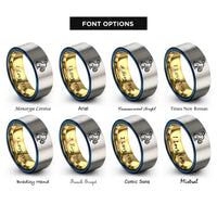 font options for inside engraving on gold & blue & grey egg hunt silhouette rings
