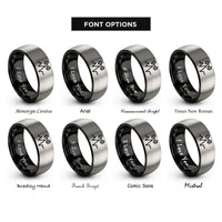 font options for inside engraving on black & silver ekg dumbbell rings