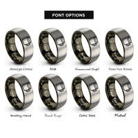 font options for inside engraving on gunmetal & silver enamel mug rings